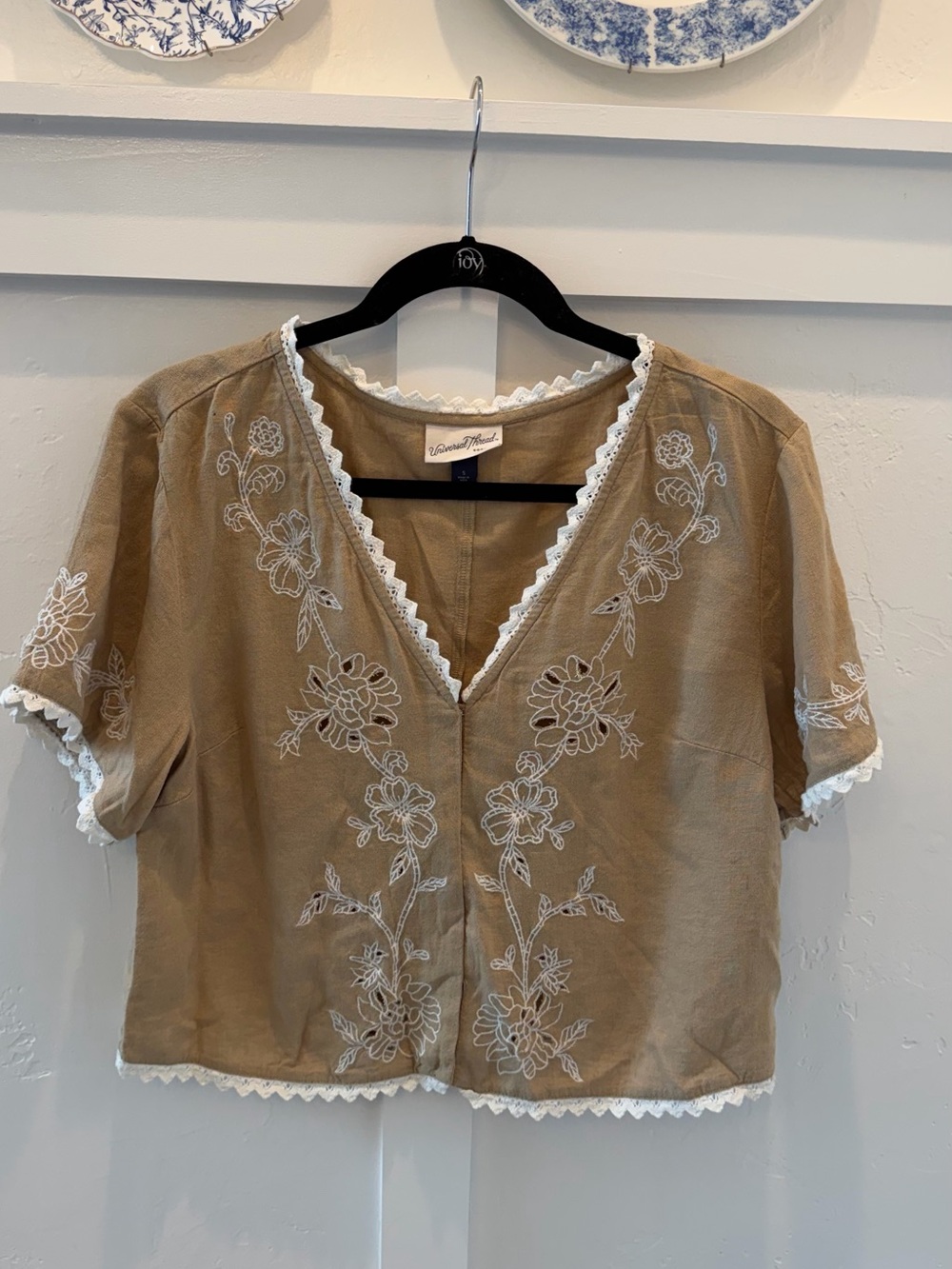 Embroidered V-Neck Cropped Blouse in Tan with White Trim